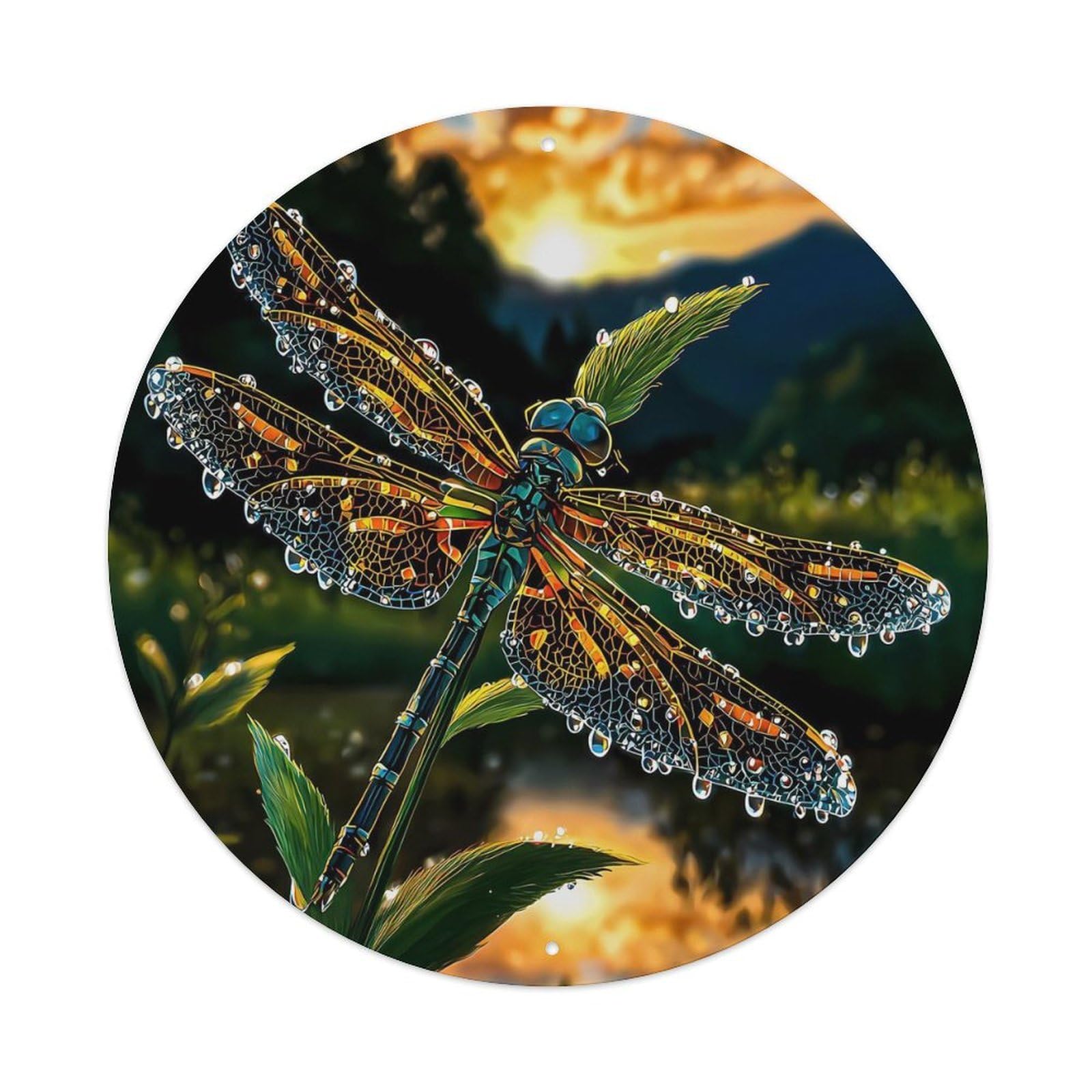 Animal Dragonfly Dewdrop Sunset Lake Nature Scenery Vintage Metal Tin Sign Plaque Wall Decor for Cafe, Club Bar, Office, Garden Metal Poster 8x8Inch