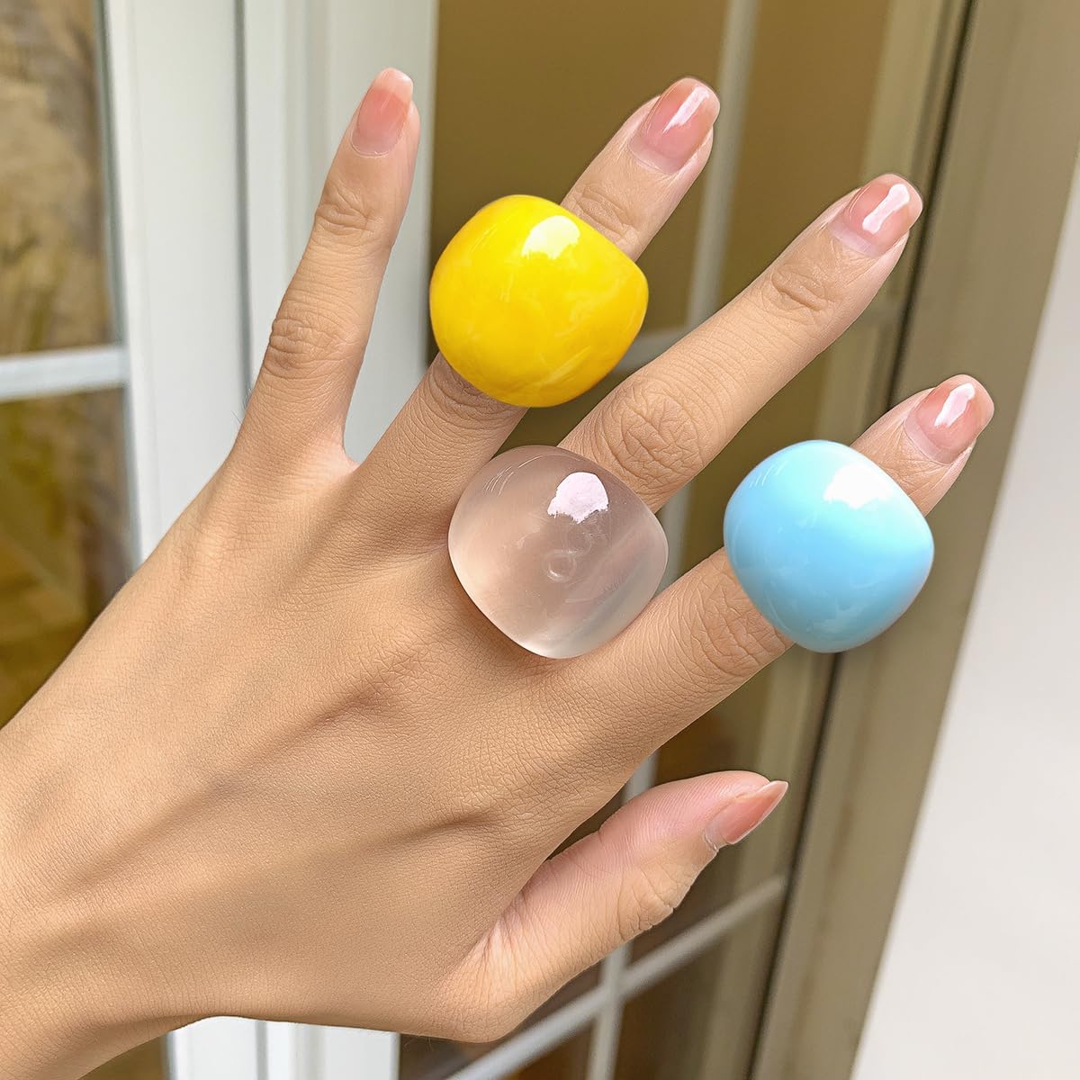 3Pcs Chunky Resin Rings for Women,Exaggerated Colorful Acrylic Thick Wide Dome Knuckle Ring Set,Simple Trendy Stackable Layered Finger Ring - Image 3