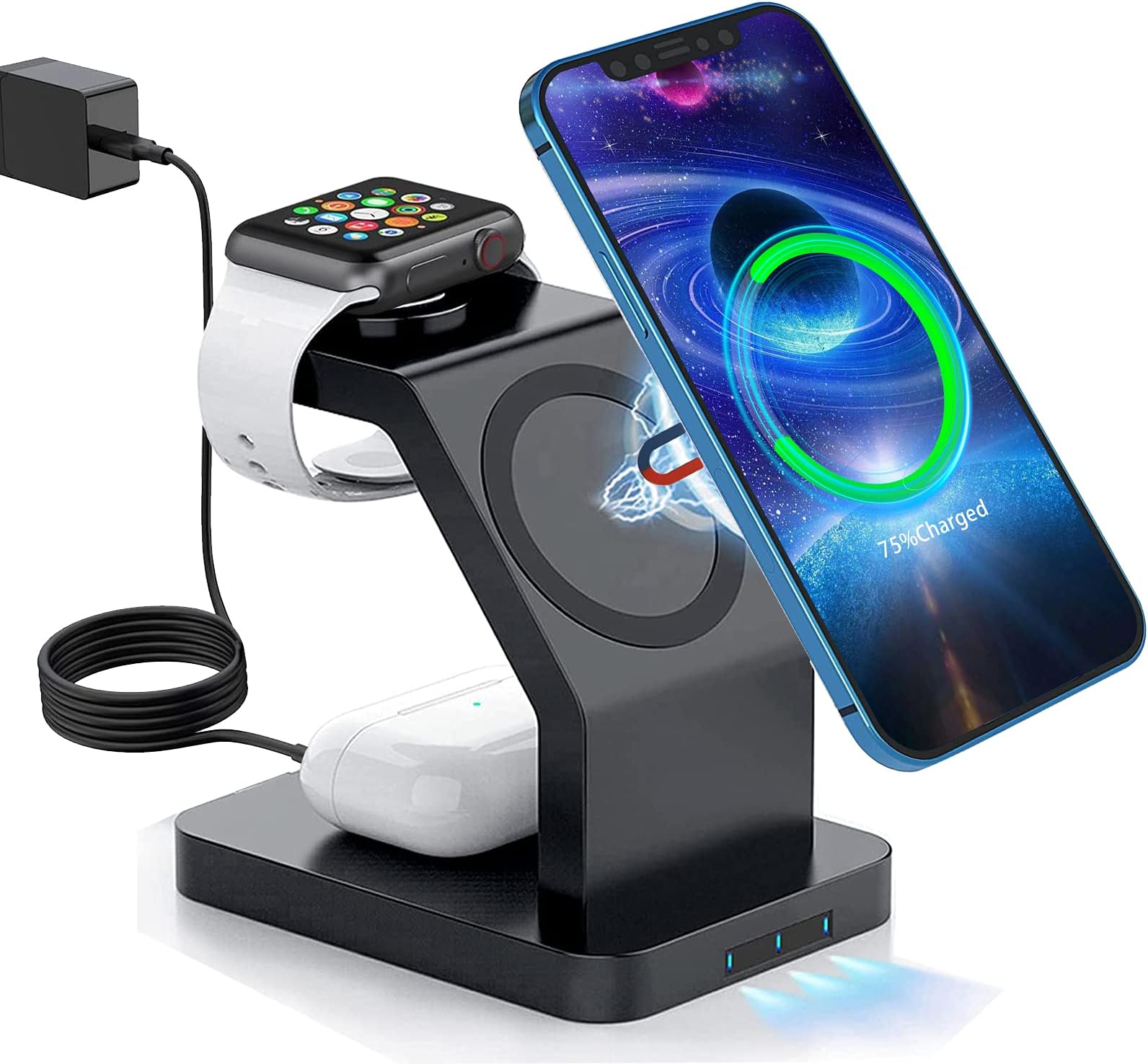 Magnetic Wireless Charger, 3 in 1 Wireless Charging Station Compatible with iPhone 16/15/14/13/12 Series, Watch Charger Stand for iWatch Ultra 2/9/8/7/6/5/4/3/2/SE 2/AirPods Pro 2