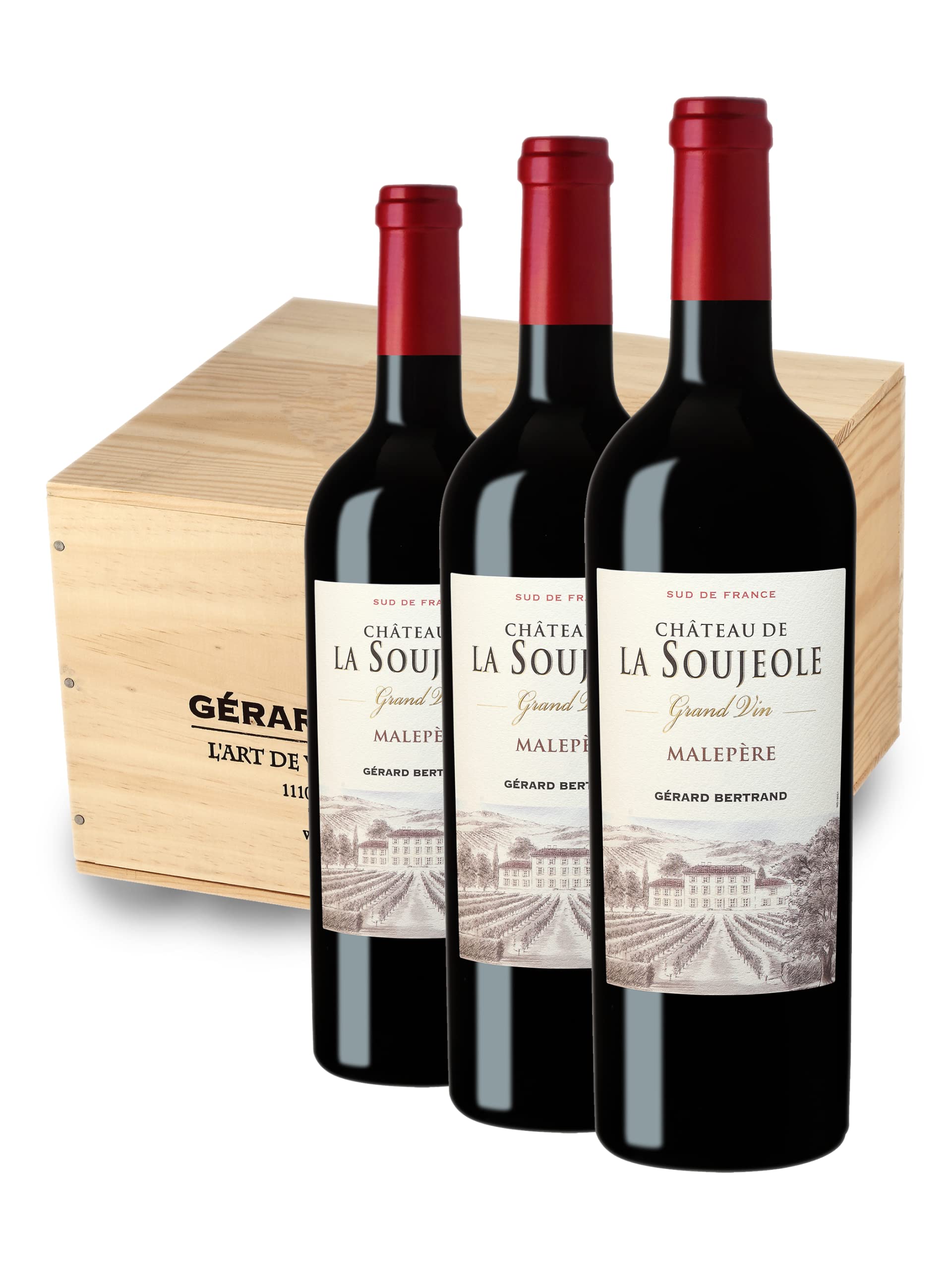 Gérard Bertrand Château de la Soujeole Grand Vino Tinto | Cabernet Franc/Merlot/Malbec | AOP Malepère Sec | Con estuche de madera (6 x 0,75 l)