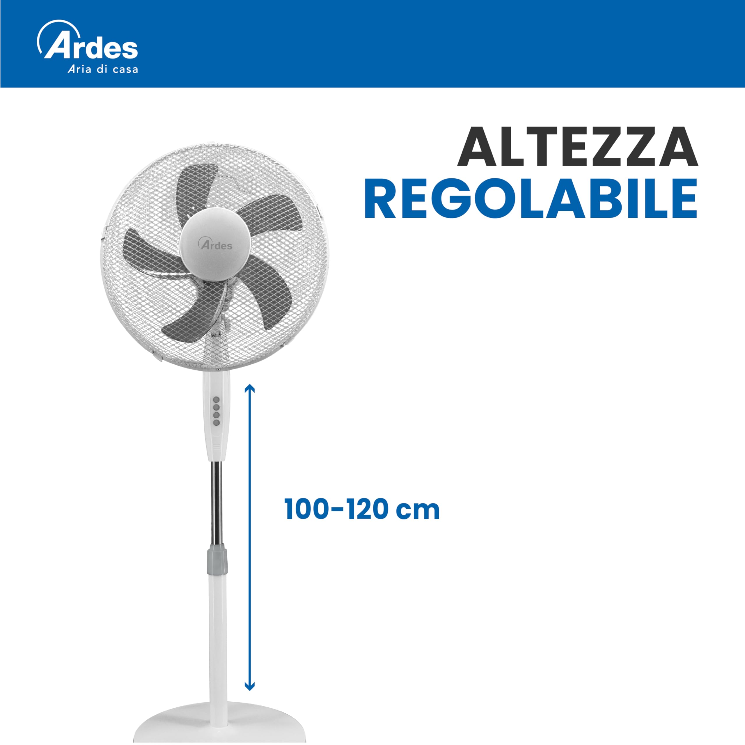 ARDES STEELO 40PBW AR5ST40PBW Ventilatore a piantana Ø40 cm 45 W con 3 velocità, altezza regolabile 100–120 cm e oscillazione automatica