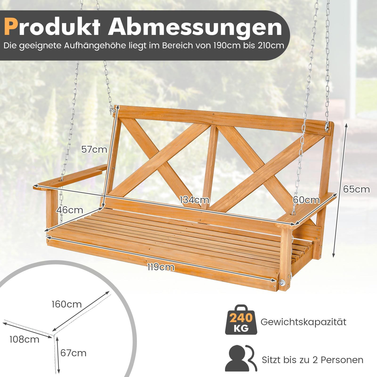 COSTWAY Hängebank aus Massivholz, 2-Sitzer Gartenschaukel zum Aufhängen, Hollywoodschaukel bis 240 kg belastbar, Outdoor-Schaukelbank für Terrasse, Garten, Hof, 134 x 60 x 65 cm, Natur