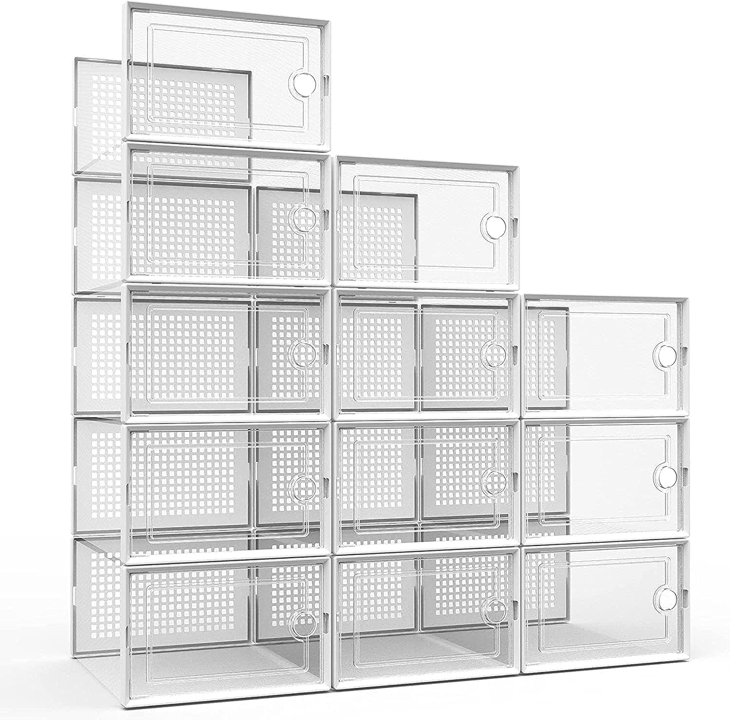 Shoe Storage Boxes Organizers for Closet 12 Pack,Clear Plastic Stackable Sneaker Containers for Entryway, Space Saving Shoe Rack,Substitute Drawer Organize Unit, White