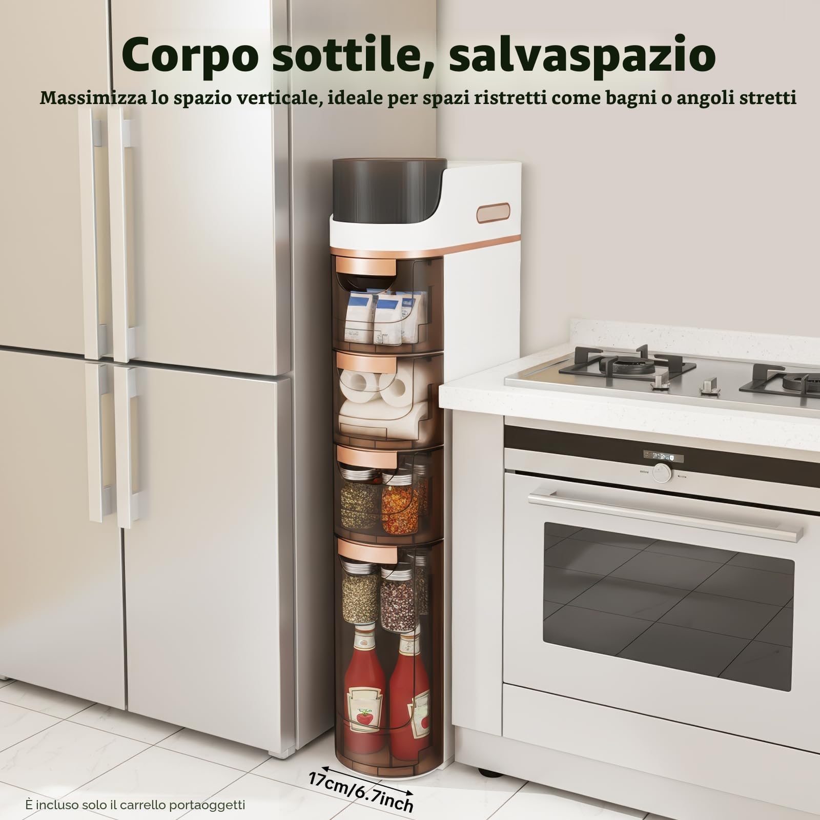 Armadio per nicchia a 4 scomparti, sottile con scomparti e ruote, in plastica, salvaspazio, per piccoli bagni, 17 x 40 x 90 cm