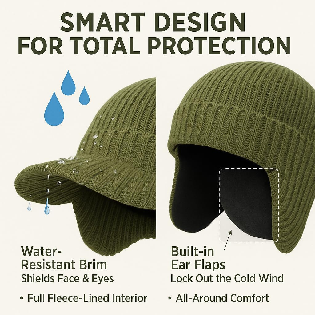 Plus Size M/L/XL/XXL Waterproof Merino Wool Beanie Hat with Brim Ear Flaps Fleece Lined Ski Cap for Cold Weather & Big Heads - Image 4
