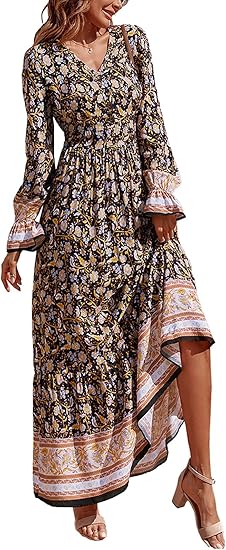 PRETTYGARDEN Long Sleeve Maxi Dress for Women V Neck Casual Button Down Boho Long Floral Dresses
