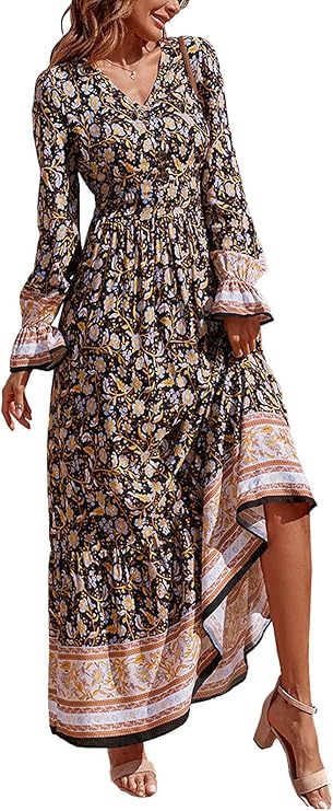 PRETTYGARDEN Long Sleeve Maxi Dress for Women V Neck Casual Button Down Boho Long Floral Dresses