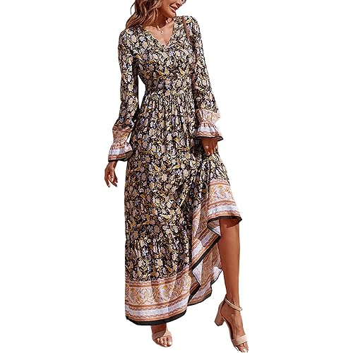PRETTYGARDEN Long Sleeve Maxi Dress for Women - V Neck Casual Button Down Boho Floral Print Fall Long Dresses