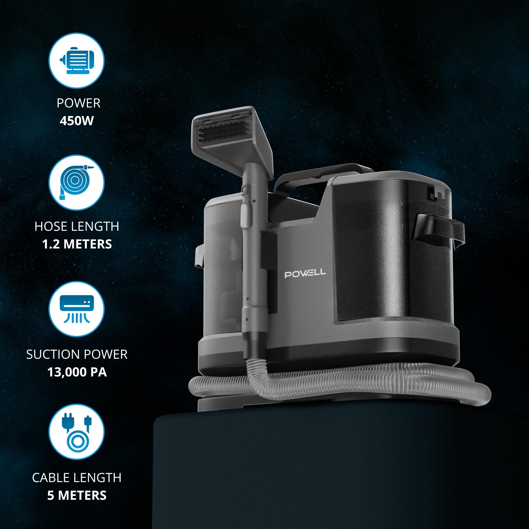 Powell Pulitore per tappeti da 450 W - Smacchiatore per divani e tappezzeria | Pulitore per sedili auto con serbatoio da 1,8 L | Macchina per la pulizia e la rimozione delle macchie dai materassi