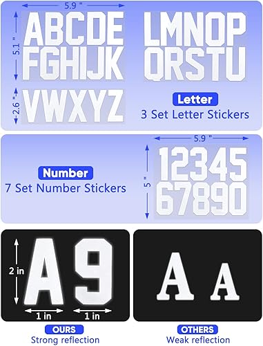 Miniatura 2 de Seloom 148 calcomanías reflectantes de números y letras para buzón, juego de letras de 2 x 7, número 0-9 y 2 x 3 letras del alfabeto para exteriores