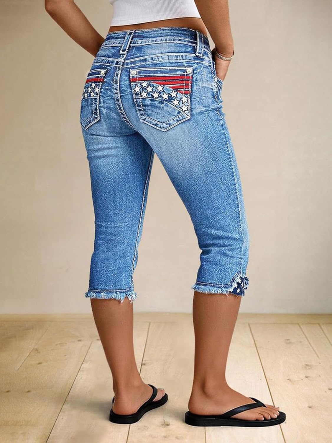Flamingals Mid Waist Skinny Capri Jeans for Women Crop Stripe & Star Embroidery Raw Hem Casual Denim Jeans