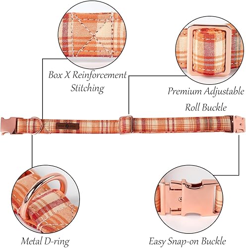 Miniatura 5 de Lionet Paws Collar de perro para niño, cómodo y ajustable, lindo collar a cuadros naranja con hebilla de metal para perros machos, XL, cuello de 16