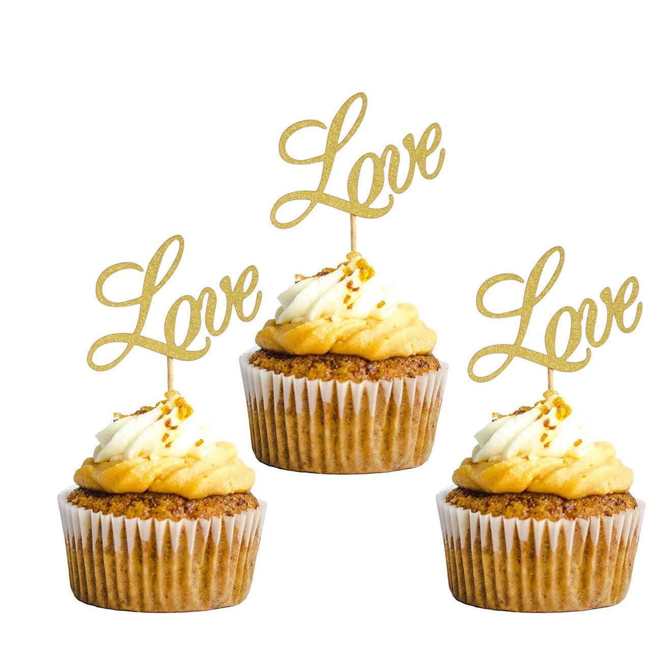 Hongkai 24PCS Gold Glitter Love Cake Topper Cupcake Picks For Wedding Bridal Shower Engagement Bachelorette Bride to be Anniversaries Just married Party Decorations Supplies