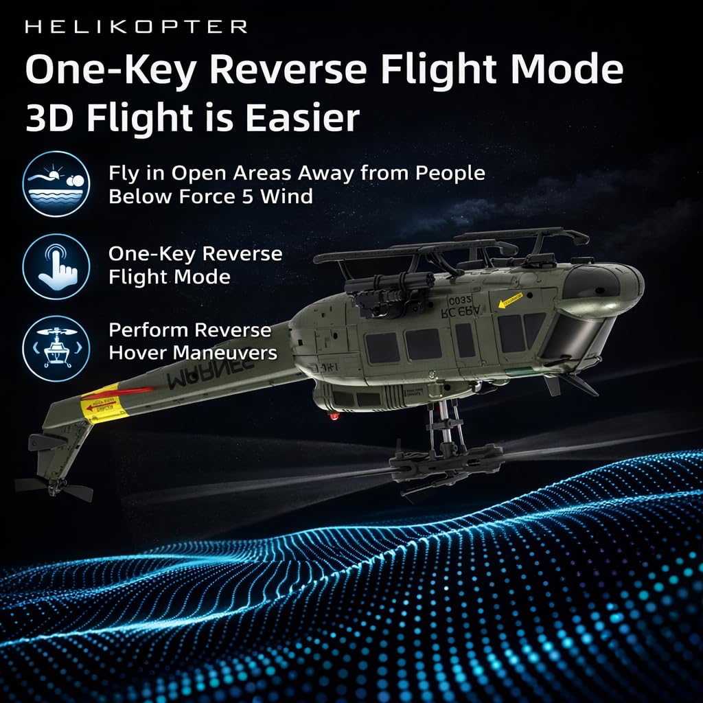 C032 RC Hubschrauber für Erwachsene, UH-1 Huey 6CH Military Scale Aileronless Aerobatic RC Helicopter with Fly Upside Down 3D Rolling & Intelligent Positioning System for Enthusiasts(Yellow)