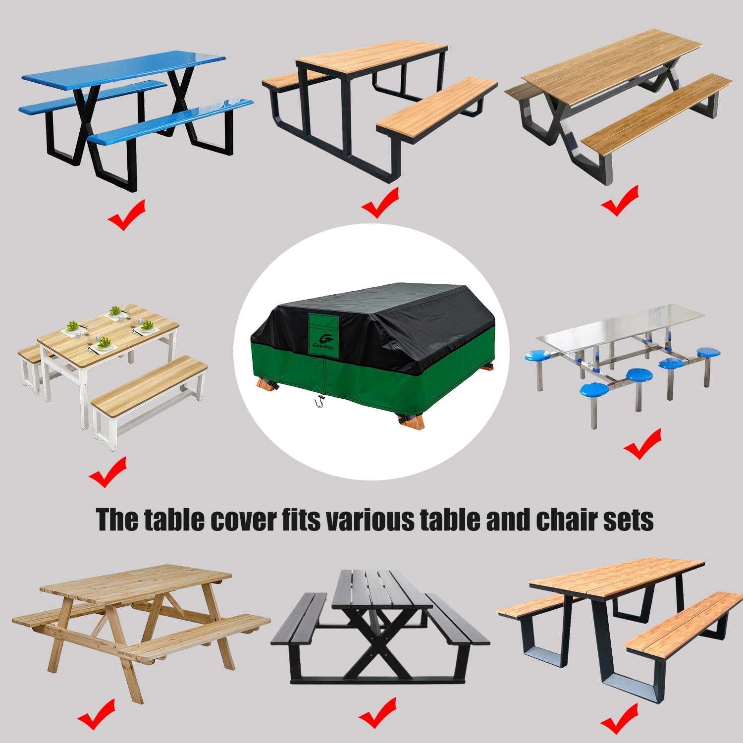 96Inch Heavy Duty Outdoor Picnic Table Cover – Waterproof (≥10008mmH₂O), UV-Resistant & All-Season Protection for Patio Garden Furniture | Black/Green Design