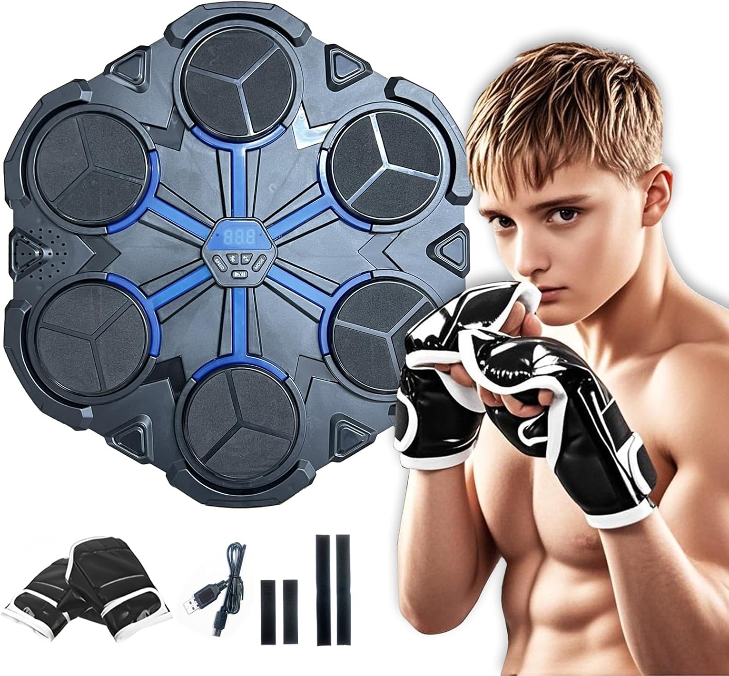Music Boxing Machine for Kids - Wall Mounted Music Boxing Machine with Boxing Gloves Smart Bluetooth Music Boxing for Children (Blue)