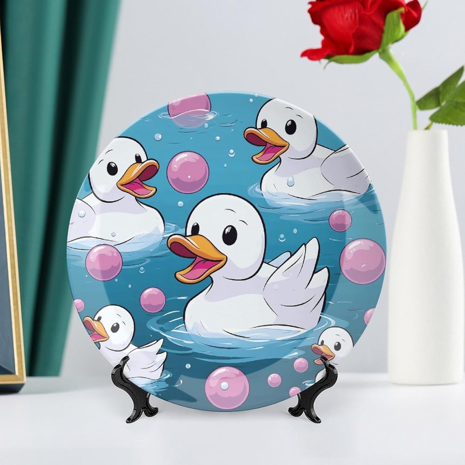 Bubbles And Duck Decorative Plates for Display Round Porcelain Plate Living Room Table Ceramic Hanging Decorative Plate Art Decor for Living Room Table with 1 Display Stand 10inch