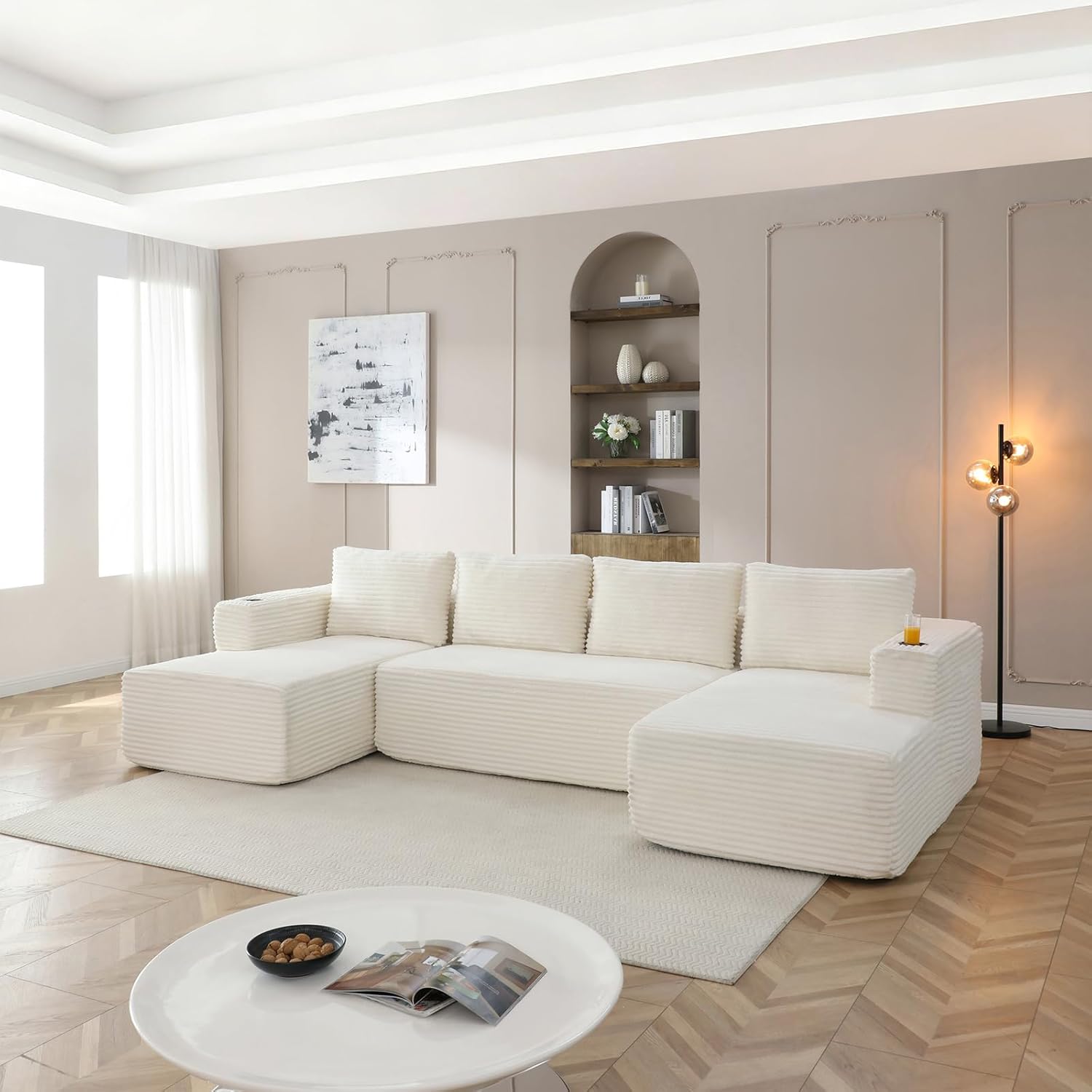 132 Inch Cloud Sectional Couch with Cup Holder, Modern Oversized 4-Seater U-Shaped Boneless Couch with Deep Seat, Modular Corduroy Couches for Living Room, No Assembly Required,Beige
