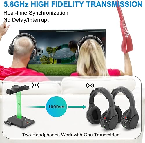 Miniatura 2 de WallarGe Auriculares inalámbricos duales para ver televisión con base de carga de transmisor RF de 5.8 GHz, auriculares inalámbricos para 25 horas