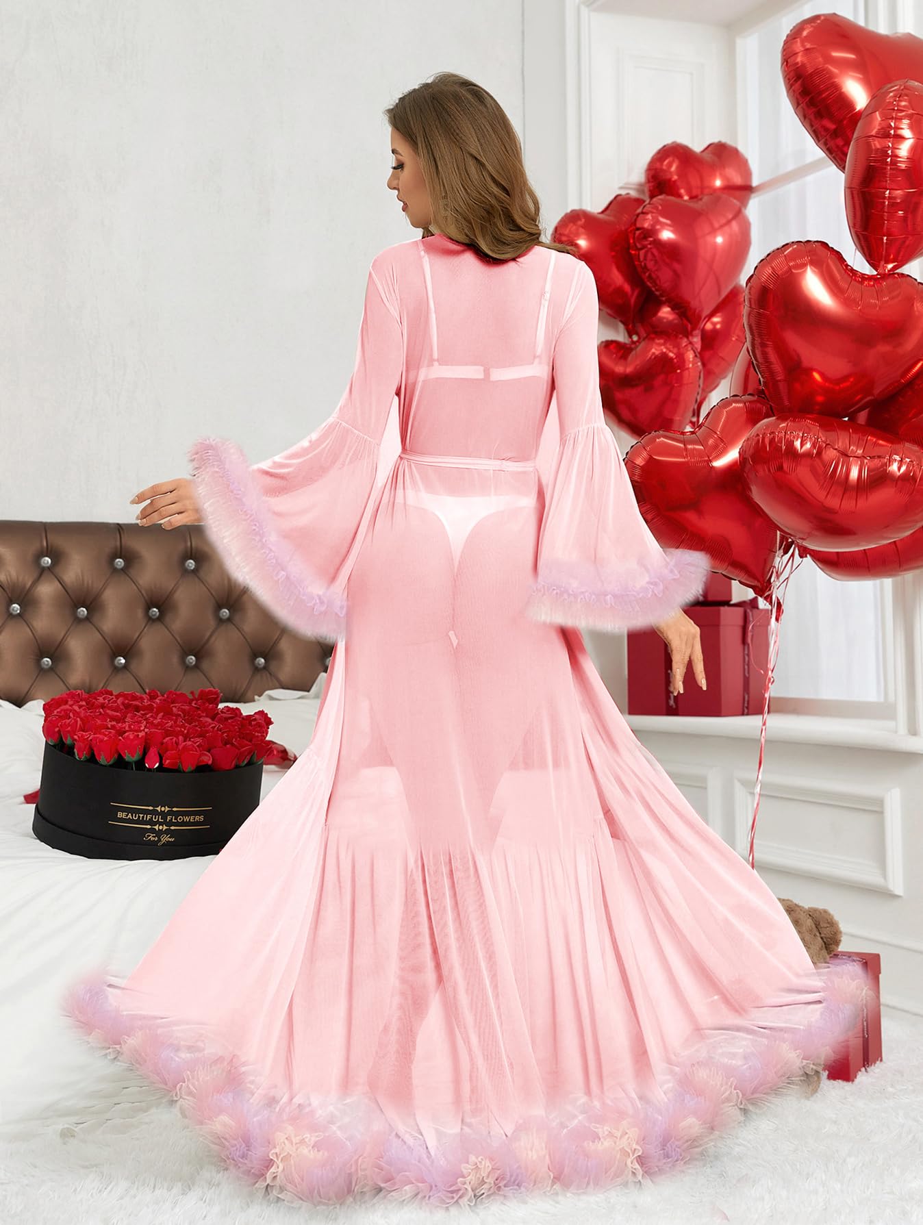 OYOANGLE Women's Ruffle Trim Long Sleeve Belted Sheer Mesh Wedding Bride Robe Nightgown: XX-Large Light Pink