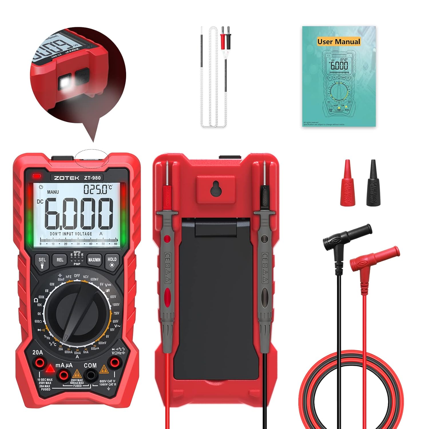ZT-980 Digital Multimeter Tester True RMS 6000 Counts High Precision Display NCV,Measures Voltage Current Resistance Capacitance Frequency Duty Cycle,Tests Diodes Transistors.