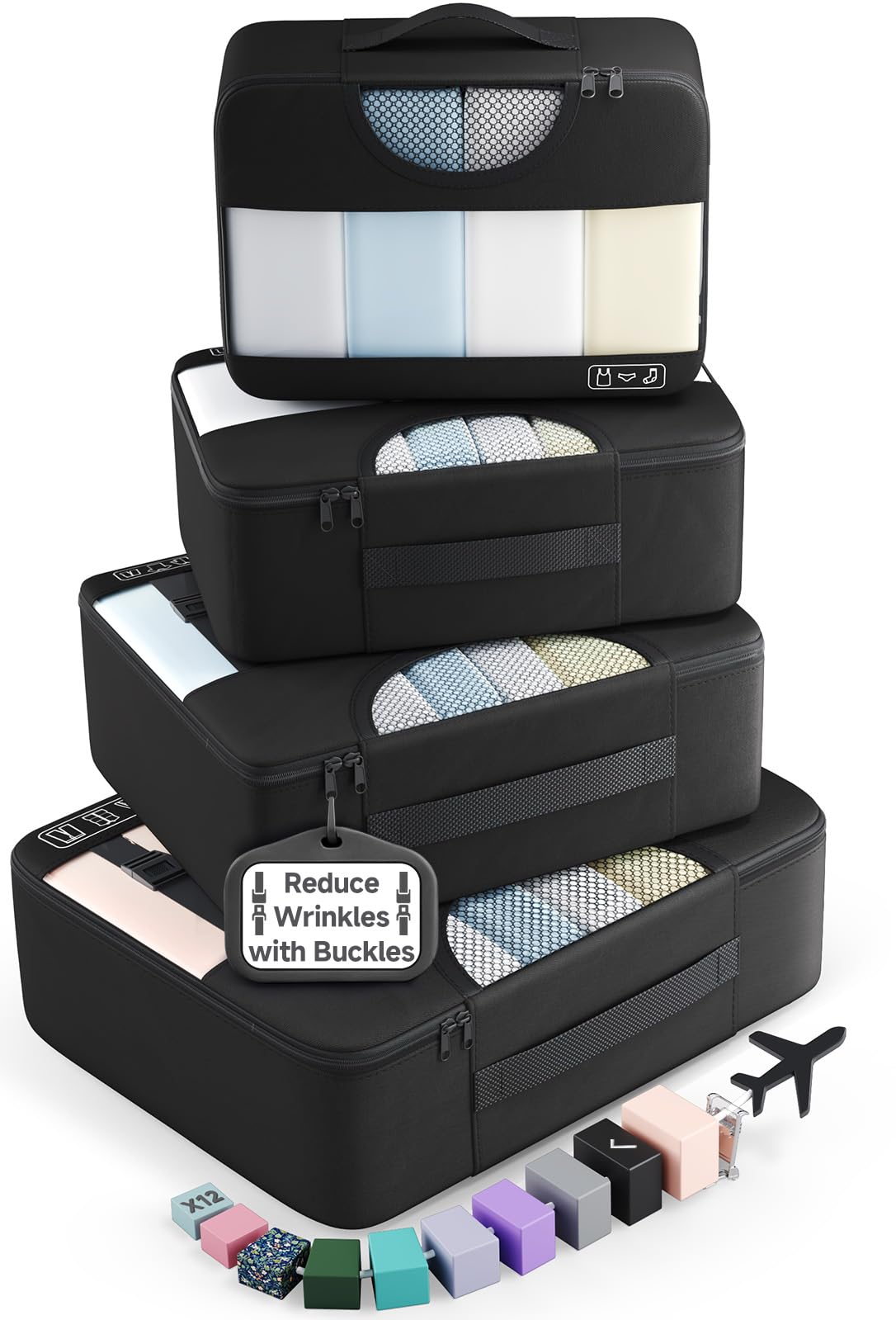 Veken 4 Set Packing Cubes for Travel Essentials,Anti-Wrinkle Buckled Suitcase Organizer for Shoe &amp; Toiletry Bag,Carry On Luggage Bag for Airplane &amp; College Dorm Room Accessories,Women Men Gifts