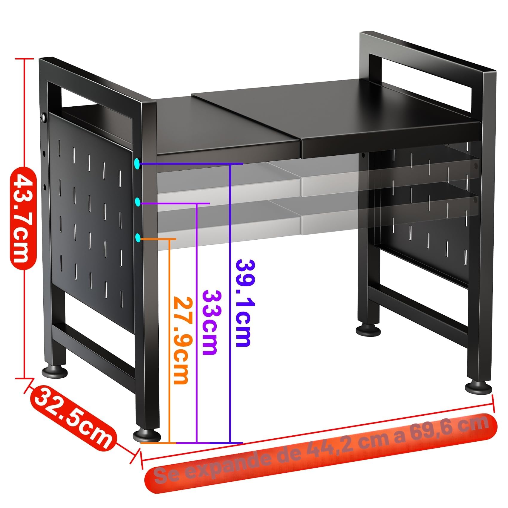 SAYZH Soporte Microondas Extensible, 2 Niveles estante microondas con 10 Ganchos, Soporte Para Microondas Para Encimera de Cocina, 40-70 cm, Negro