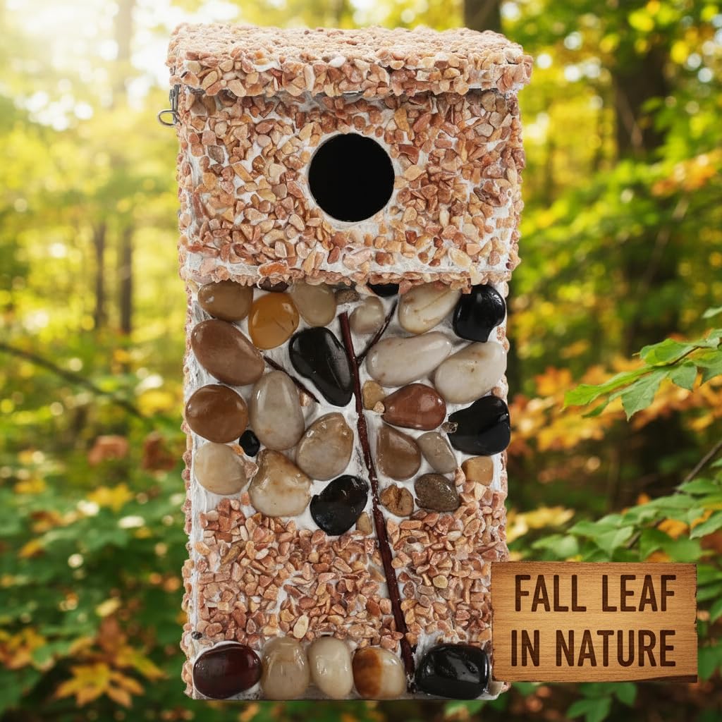 Stone Wren House Bird House for Outside Clearance, Cedar Bird House Bird Feeder for Outdoor, River Pebble Stone Villa, Leaf in Fall Design