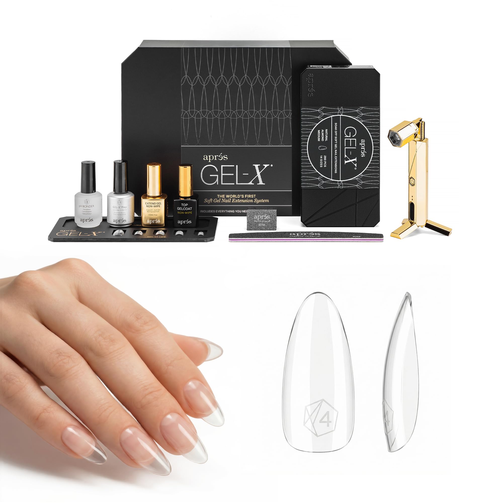 Aprés Gel-X Professional Nail Extension Starter Kit, 14 Sizes 00-9 w/ Half Sizes, Soft Gel-X Tips, HEMA/TPO-Free (Natural Almond Medium)
