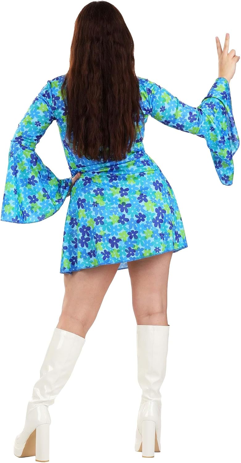 Wildflower Hippie Dress Costume | 70s Outfit For Women Floral Print Minidress, Scoop Neckline And Flared Sleeves