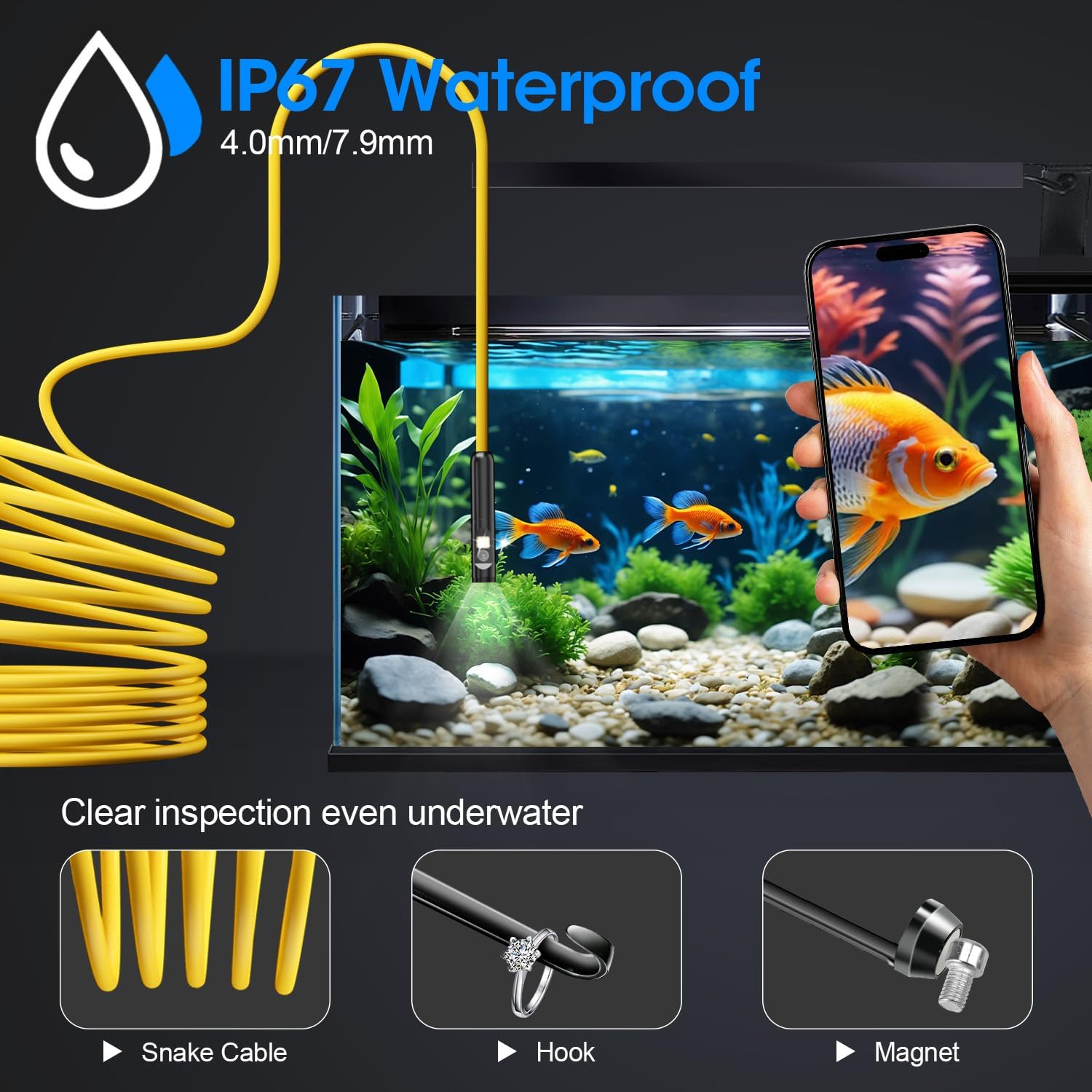 Endoscope with Light, 1920P HD Borescope with 8 Adjustable LED Lights, 16.4FT Semi-Rigid Snake Camera, IP67 Waterproof Inspection Tool for iPhone & Android - Dual Lens (Yellow) - Image 4