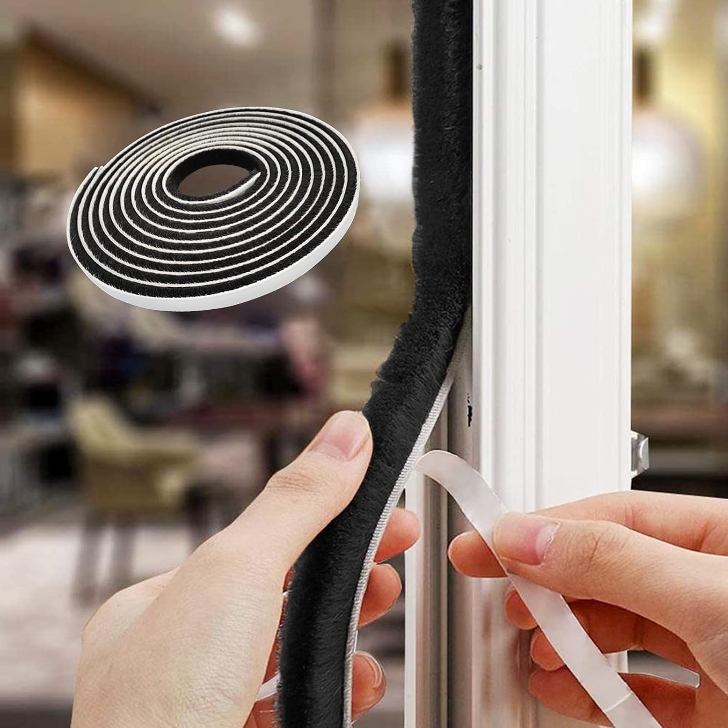 Weather Stripping for Door,Self Adhesive Brush Window Seal Strip for House Windows Weatherproof Soundproof Dustproof 16.8 FT Length Black