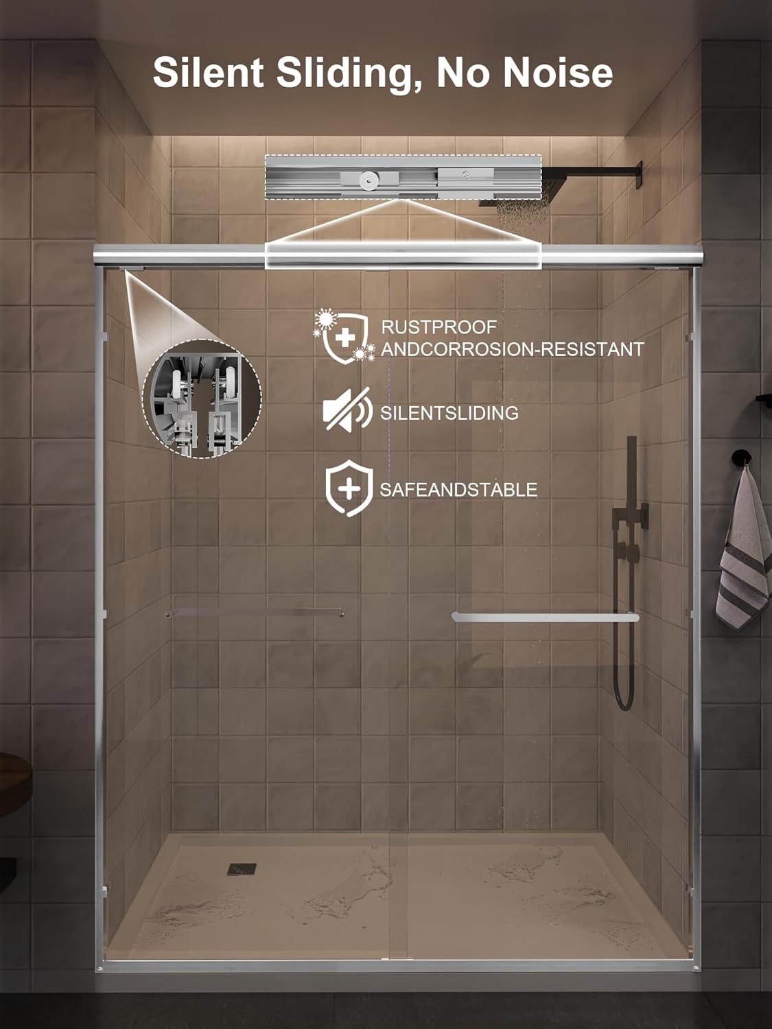 Glass Shower Door, 56"-60" W x 72" H Sliding Shower Door, Aluminum Semi-Frameless & 1/4"(6mm) Clear Tempered with Explosion-Proof Film Nano Coating Shower Door Fit for Walk in Shower, Chrome Silver