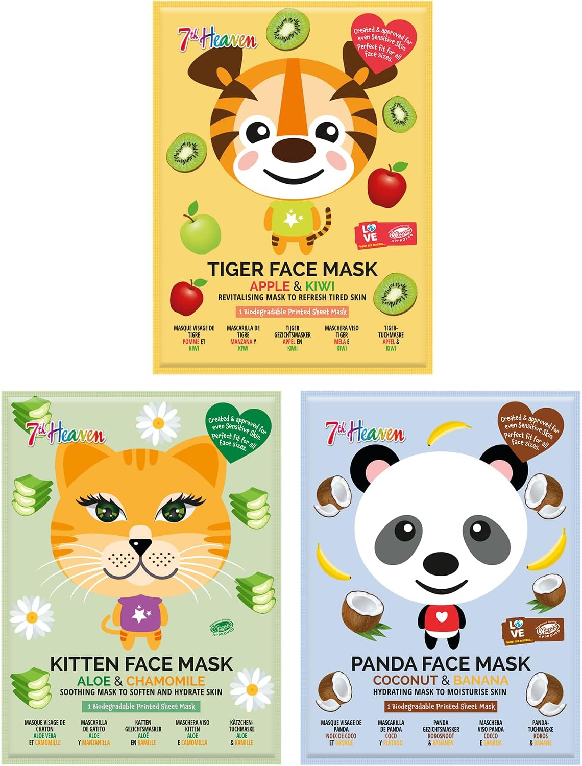 7th Heaven Animal Face Mask Multipack – Great Skin Care for Children and Teenagers – Includes 3 Animal Print Masks – Moisturising and Gentle on Sensitive Skin – Perfect for