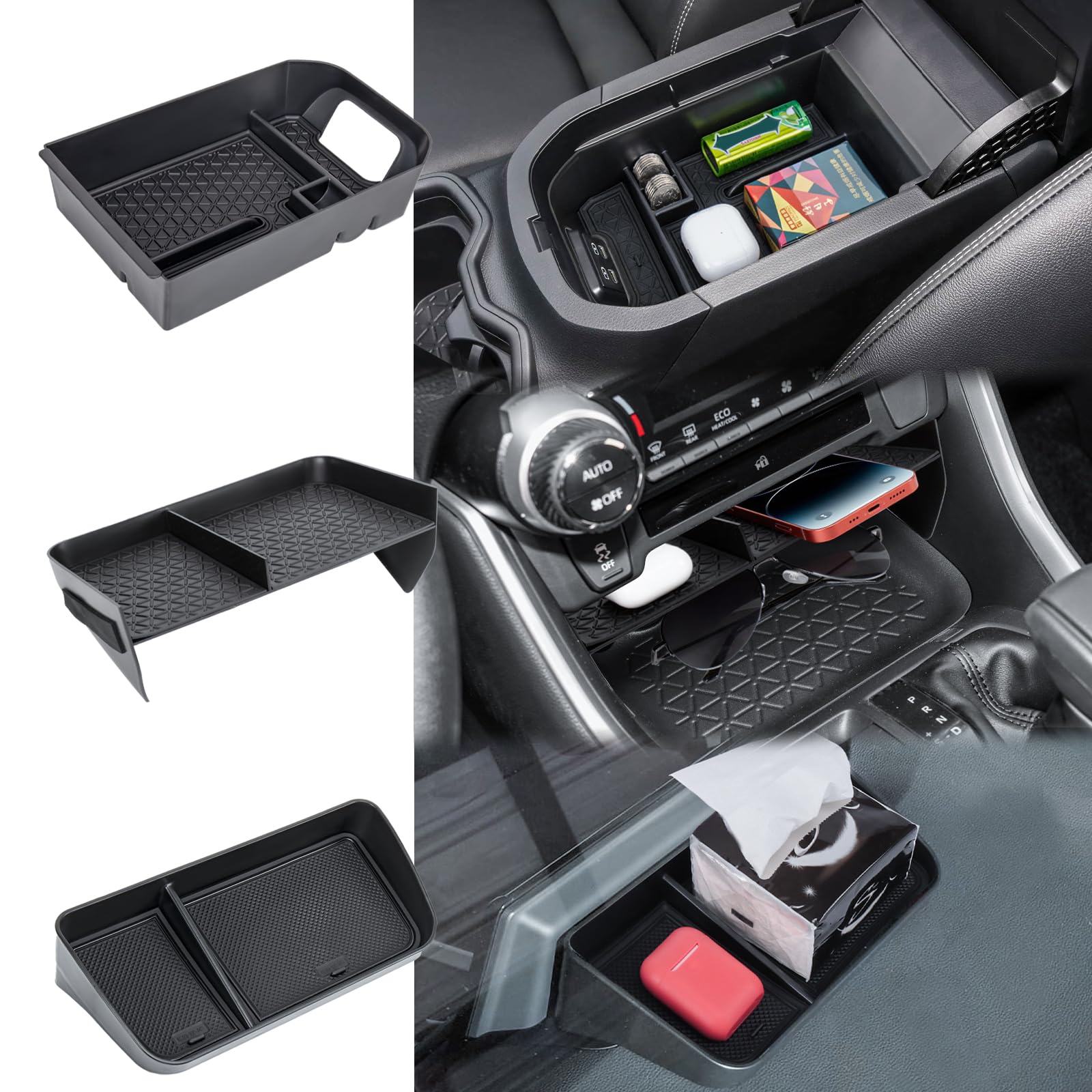 3PCS Center Console Organizer Tray and Armrest Storage Box Compatible with Toyota RAV4 2019 2020 20201 2022 2023 2024 Dash Storage Tray Interior Accessories