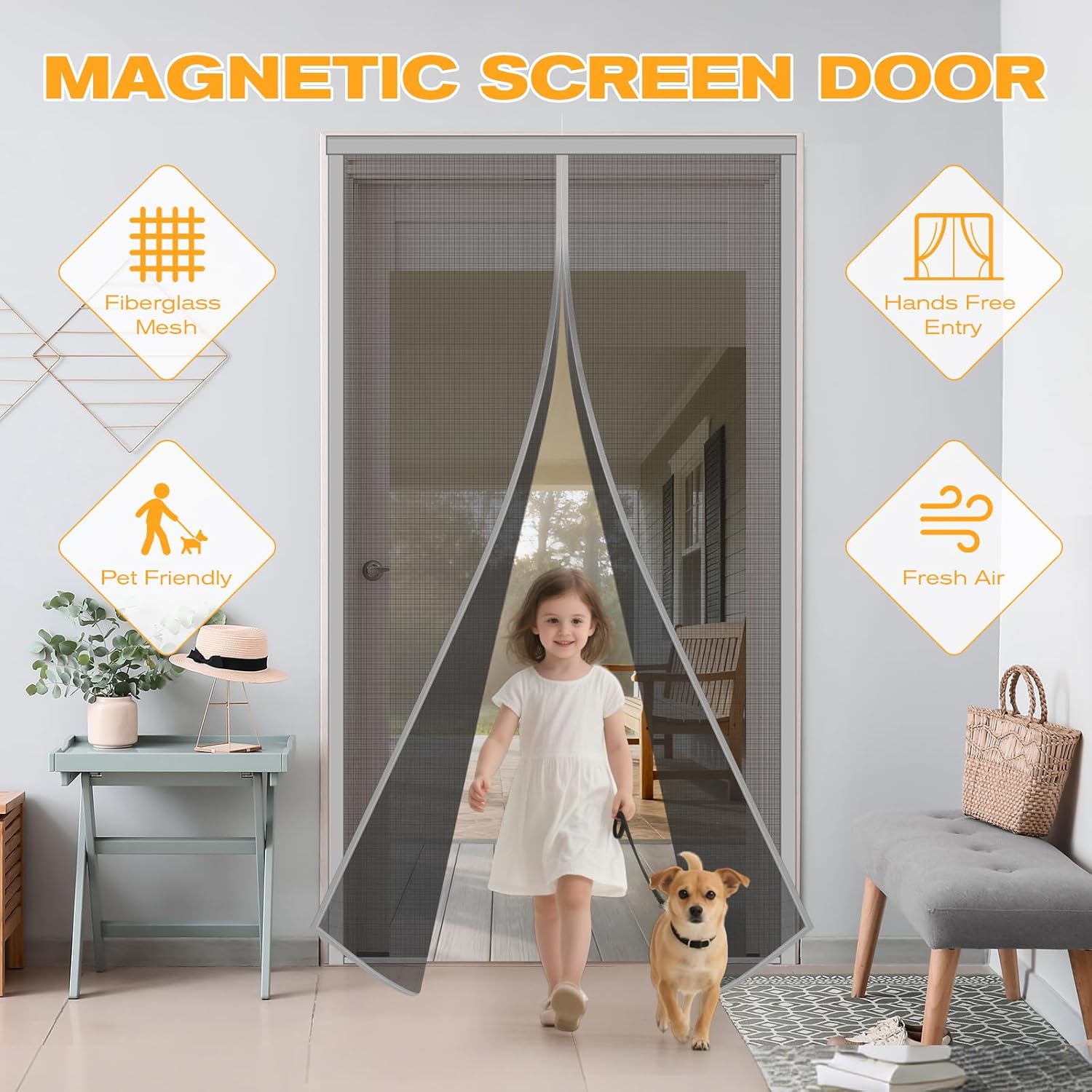 Magnetic Screen Door Mesh, High-Density Fiberglass Screen Door Cover Fit Doors Size 36x82in, Cover Size 38"x84", 36 Powerful Magnets Self Sealing, Windproof, Tear Resistant, Pet & Kid Friendly Gray