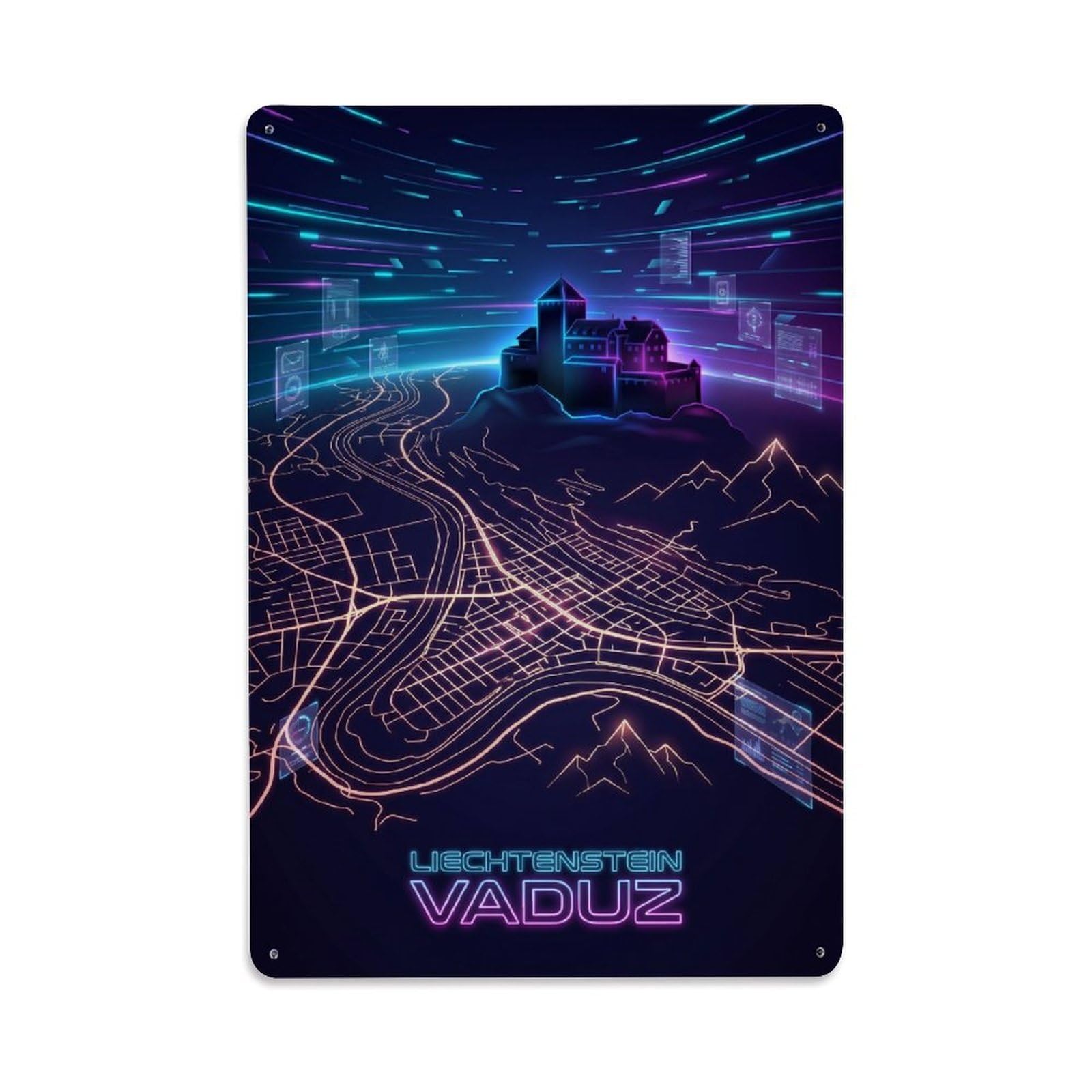 Vaduz Liechtenstein Cyber Synthwave Alpine Map Neon Guide Metal Tin Sign Plaque Wall Decor for Cafe, Man Cave, Club Bar, Office, Home Garden Round Metal Poster 8x12Inch