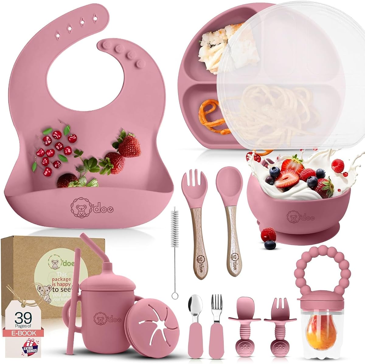 O'doe™ Silicone Baby Feeding Set, 17-Piece Baby Weaning Set BPA-Free | Thick & Soft Suction Plates, Baby Bowls, Wooden Fork & Spoon, and More, Make Mealtime Fun and Easy