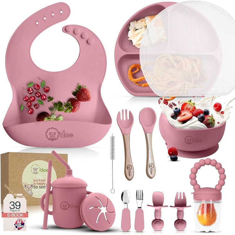 O'doe™ Silicone Baby Feeding Set, 17-Piece Baby Weaning Set BPA-Free | Thick & Soft Suction Plates, Baby Bowls, Wooden Fork & Spoon, and More, Make Mealtime Fun and Easy