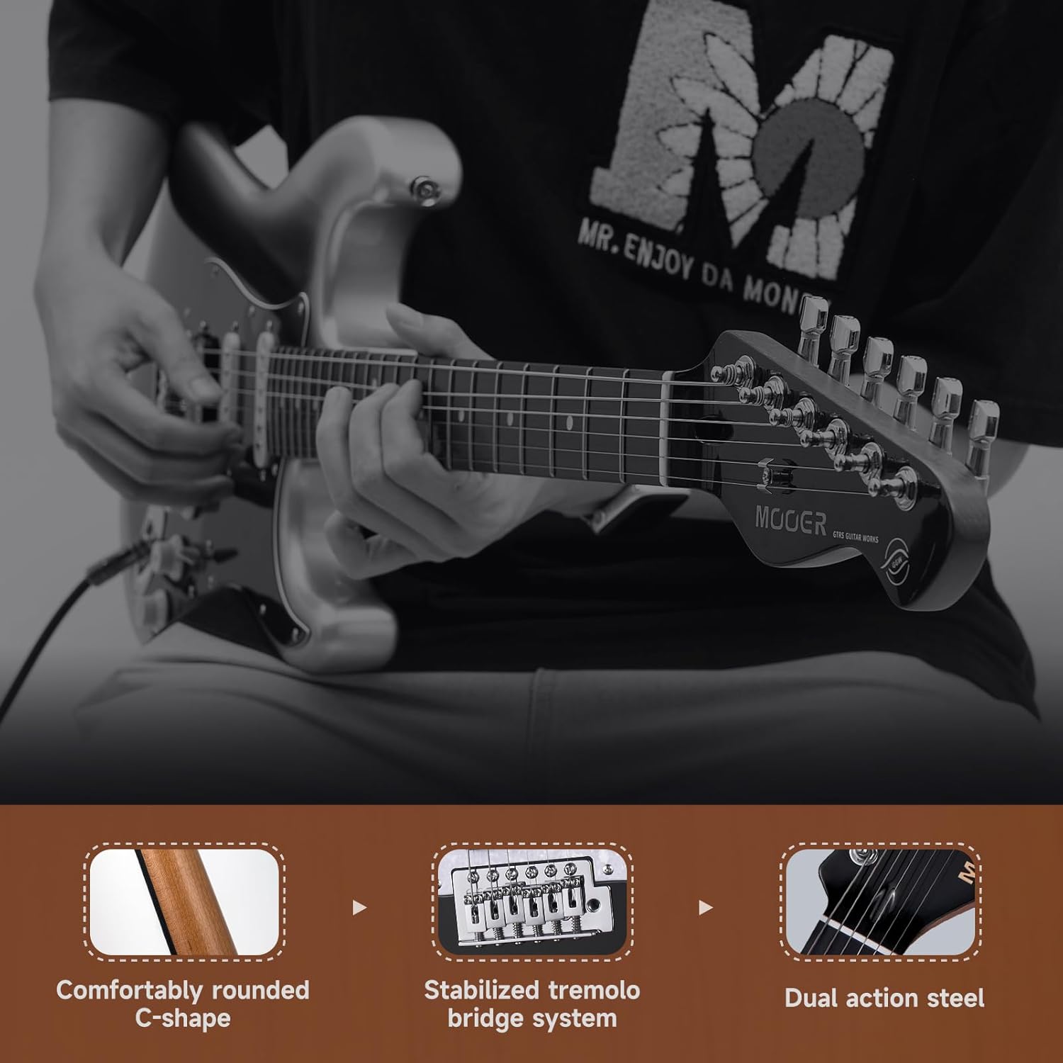 MOOER Electric Guitar Black Beginner Practice Guitar Kit, 25.5", HSS Pickup, Solid Poplar Body, Roasted Maple Neck, with Gig Bag, Guitar Cable, MSC10 Pro Series White Pickguard