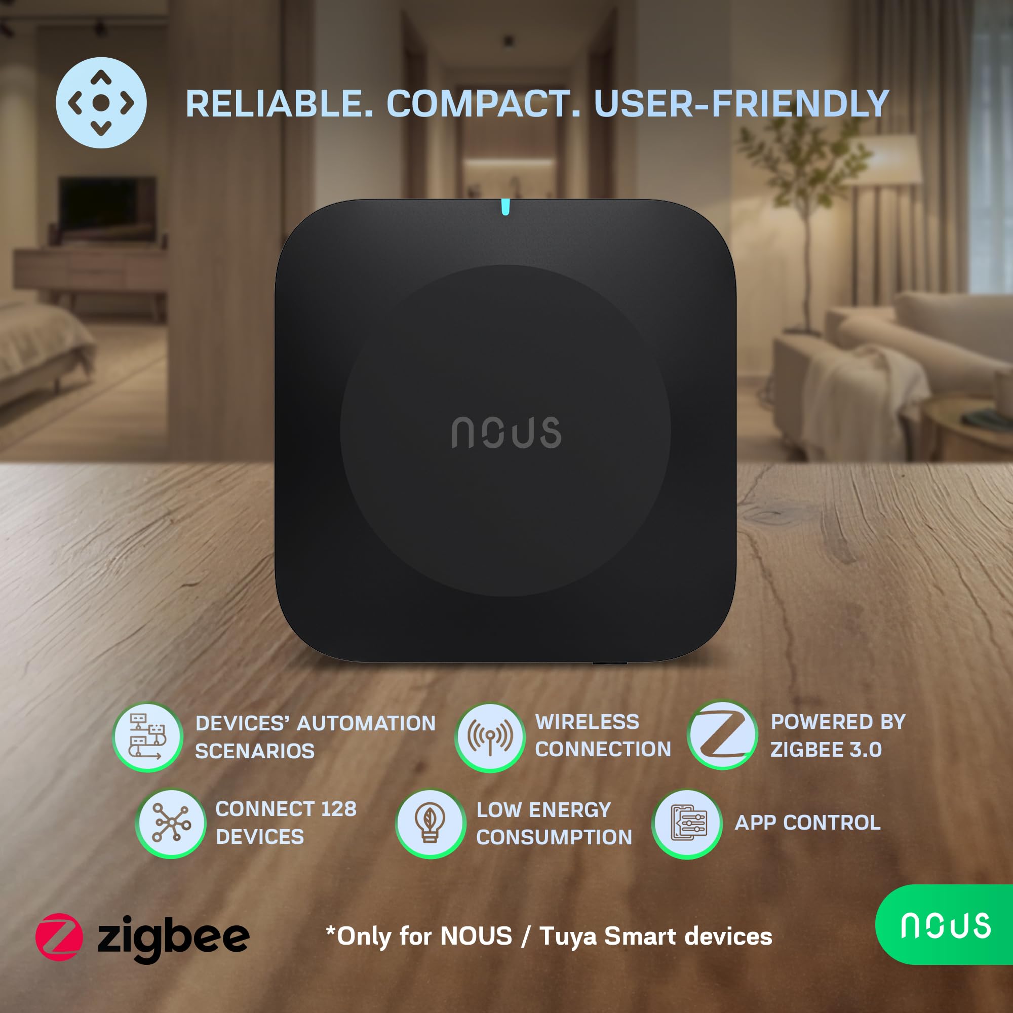 NOUS E15 Gateway ZigBee 3.0 WiFi 2.4/5 GHz, Hub Domótica Inteligente, Control App, Compatible con Alexa y Google Home, Hasta 128 Dispositivosi, WiFi Double Bande