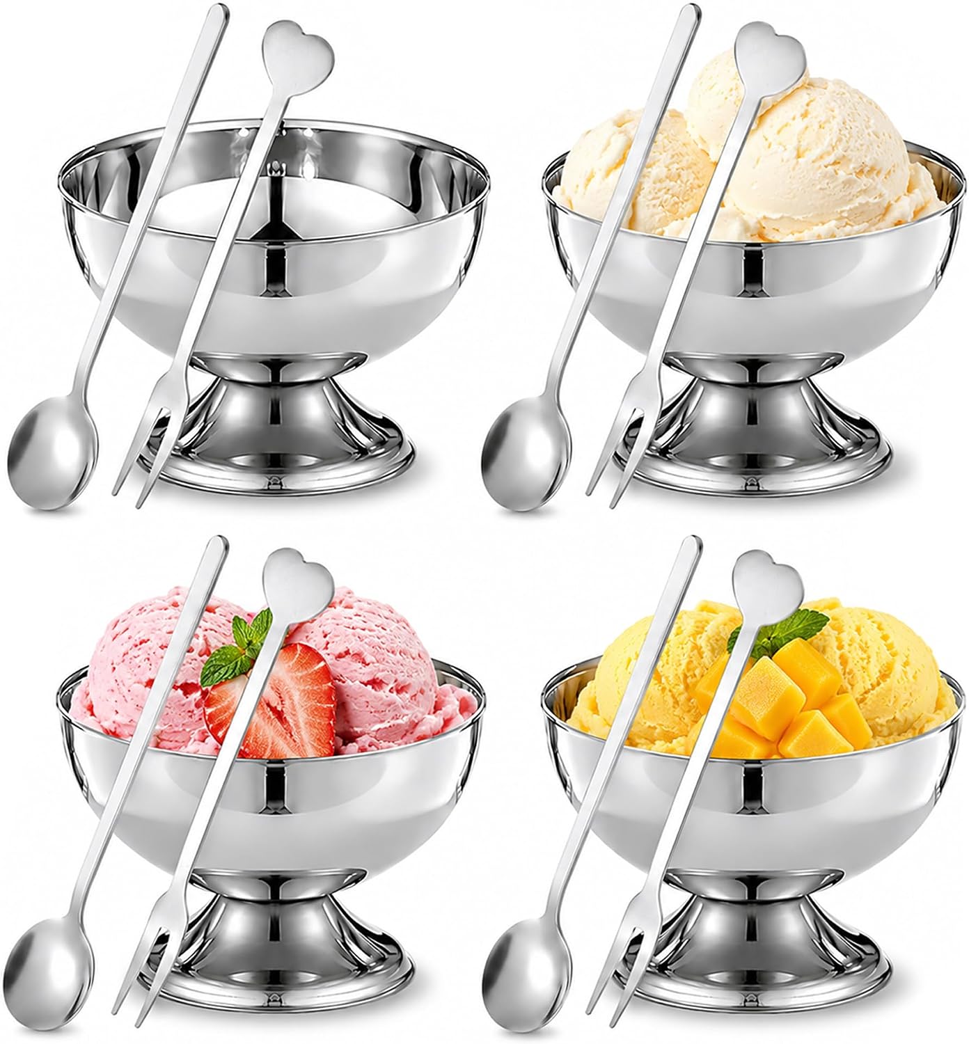 4Pcs Stainless Steel Ice Cream Cups with Spoons, 5 Oz Metal Ice Cream Bowls
