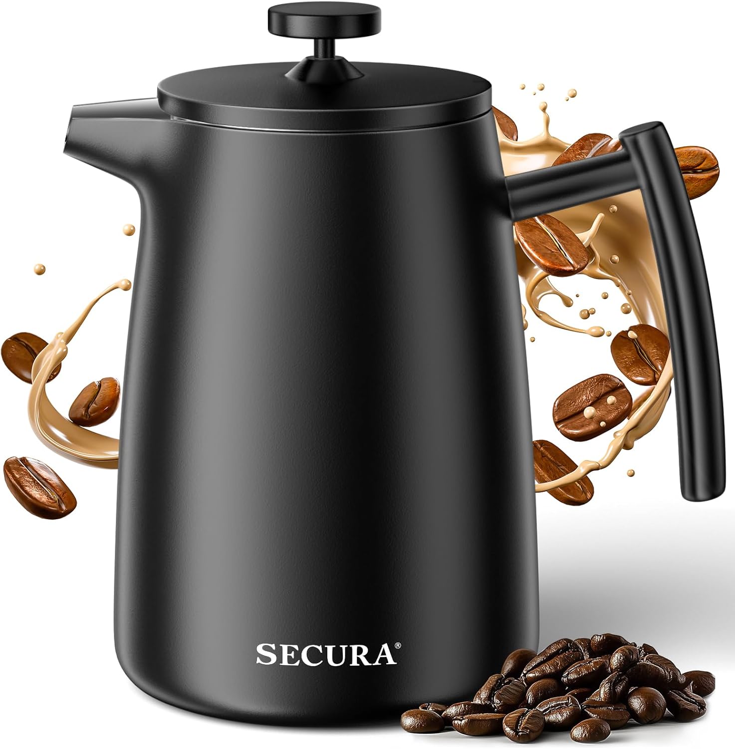 Secura 50oz French Press Coffee Maker – 304 Stainless Steel, Insulated Coffee Press with Extra Filter, Black Black 50-Ounce - Image 1 of 8