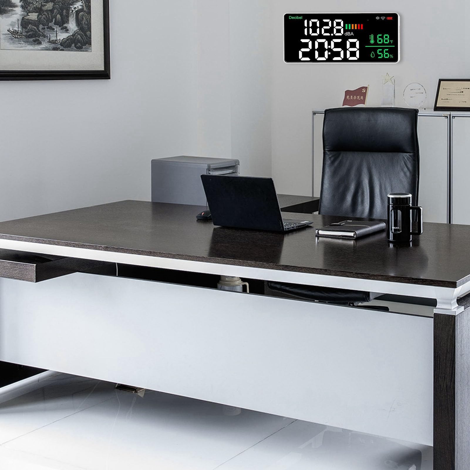 Respicefinem Noise Sound Meter 33×14×4 Decibel Meter 2.4g WiFi Wall Mounted 11 inch Temperature Humidity time Display Sound Meter for Sound Meter Noise