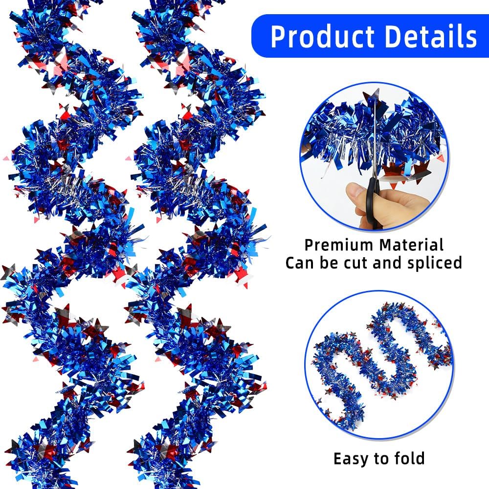 Patriotic Tinsel Garland 4th of July Decoration 5 Pack Red White and Blue Garland 33 FT 4th of July Glitter Metallic Star Tinsel Twist Garland for Independence Day Memorial Day Home Party Decoration