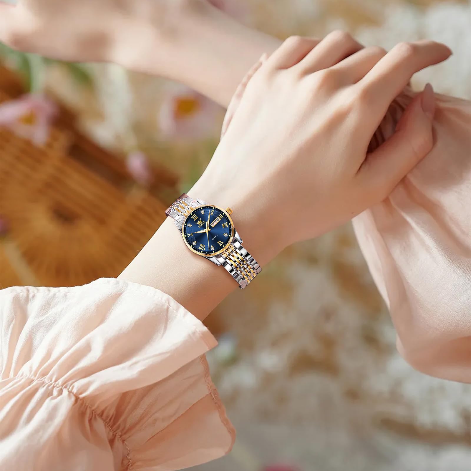 OLEVS Damen Uhr, Klassische wasserdichte Edelstahl Tagesdatum Kleine Armbanduhr Damen, Eleganze Rundes Zifferblatt Analog Quarz Leuchtende Damenuhr