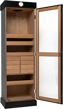 Black Tower Humidor with Adjustable Shelves and Drawers | Large Capacity Cigar Cabinet with Tempered Beveled Glass Door, Hygrometer, and Dried Spanish Cedar Lining - Holds 3000 Cigars