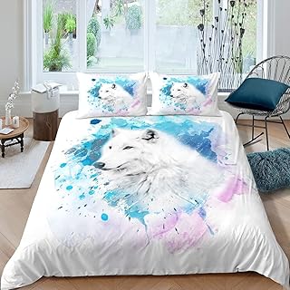 Tie Dye Bedding Set for Kids Girls Boys Children Wolf Comforter Cover White Wolf Duvet Cover Safari Animal Pattern Room Decor Cool Wildlife Style Bedspread Cover Twin Size Bedding Collection 2Pcs