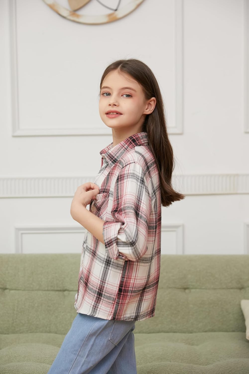 Betusline Girls' Flannel Plaid Shirt Button Down Long Sleeved Shirts - Image 6