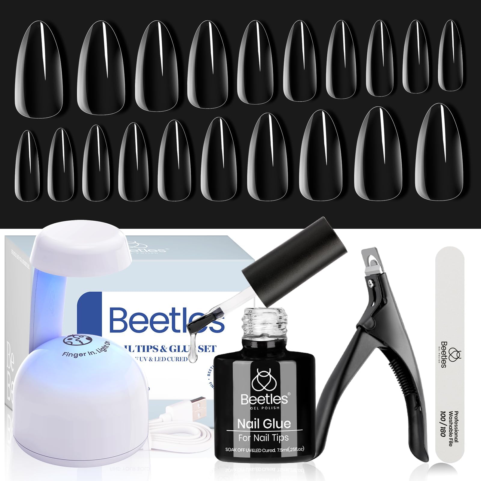 Beetles Gel Polish Nail Kit Easy Extension Set 5 In 1 Glue Base Coat With Pre Shaped Medium Almond Soft Tips And Uv Led Lamp Acrylic Clipper For Art Diy Home